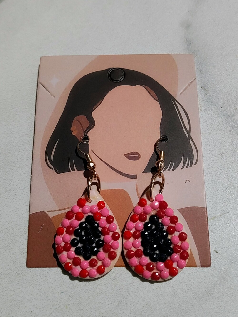 Handcrafted Teardrop Polymer Clay Earrings with Pink and Red  Mini Faux Jewels